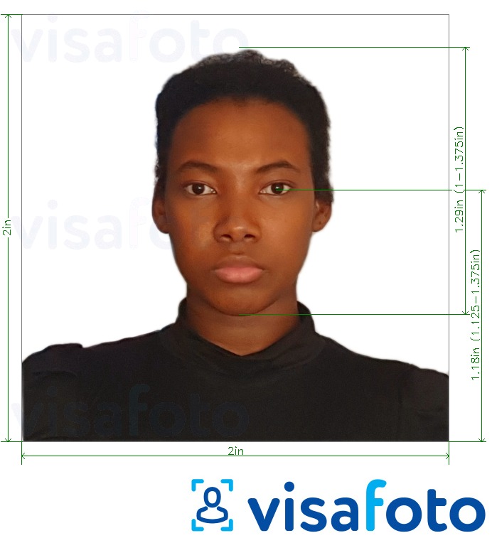 Halimbawa ng larawan para sa Congo (Brazzaville) pasaporte 2x2 pulgada (mula sa US, Canada, Mexico) na may eksaktong sukat na detalye