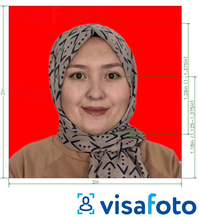Halimbawa ng larawan para sa Indonesia passport 51x51 mm (2x2 inch) pulang background na may eksaktong sukat na detalye