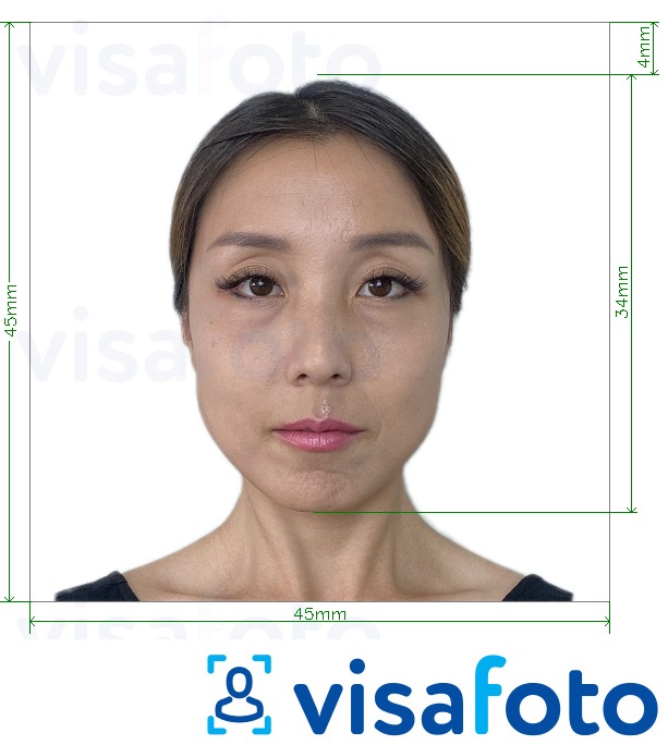 Halimbawa ng larawan para sa Japan Visa 45x45mm, ulo 34 mm na may eksaktong sukat na detalye