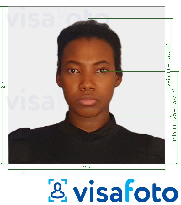 Halimbawa ng larawan para sa Eastern Africa visa photo 2x2 inch (Kenya) (51x51mm, 5x5 cm) na may eksaktong sukat na detalye