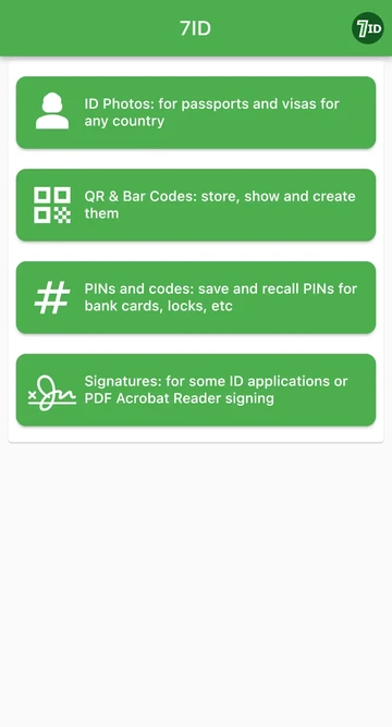 7ID 앱: QR 코드 스캔, 생성 및 저장