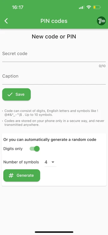 7ID: একটি পিন বা কোড তৈরি করুন