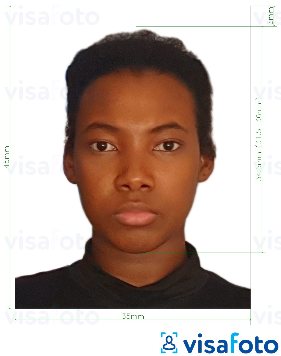 Halimbawa ng larawan para sa Benin pasaporte 3.5x4.5 cm (35x45 mm) na may eksaktong sukat na detalye