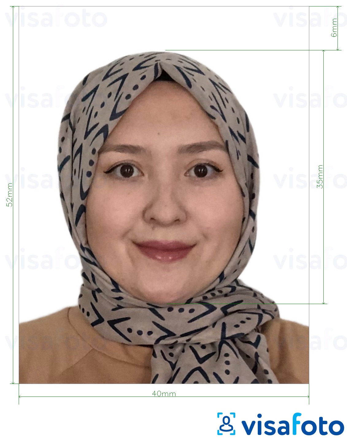 Halimbawa ng larawan para sa Brunei passport 5.2x4 cm (52x40 mm) na may eksaktong sukat na detalye