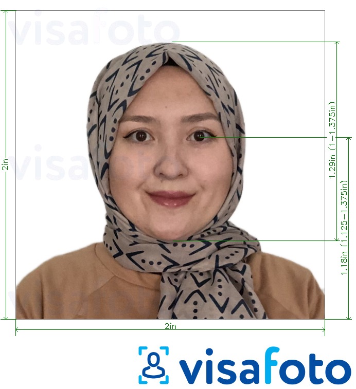 Halimbawa ng larawan para sa Indonesia Visa 2x2 inches (51x51 mm) na may eksaktong sukat na detalye