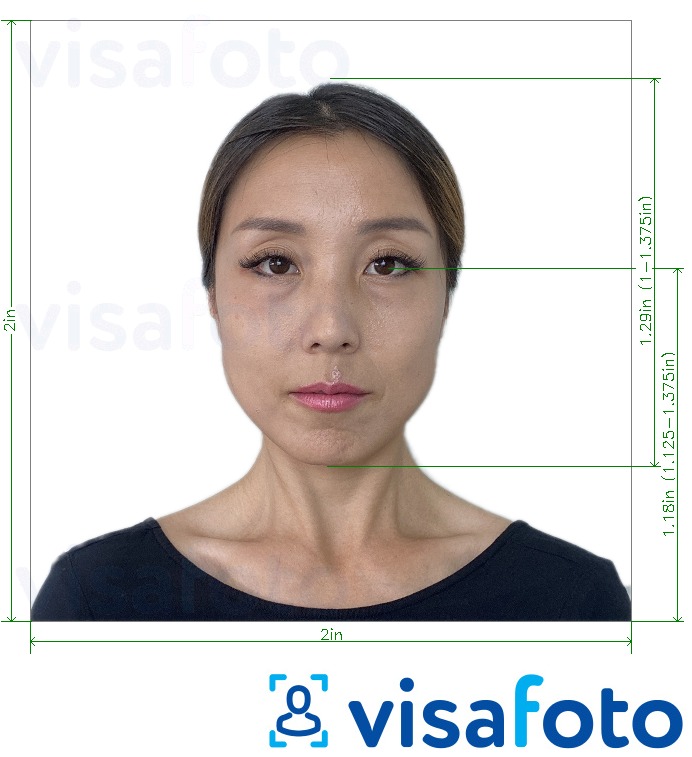 Halimbawa ng larawan para sa Thailand Visa 2x2 inch (mula sa US) na may eksaktong sukat na detalye