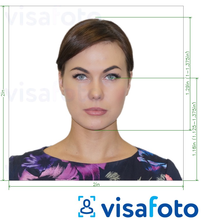 Halimbawa ng larawan para sa VisaCentral visa photo (anumang bansa) na may eksaktong sukat na detalye